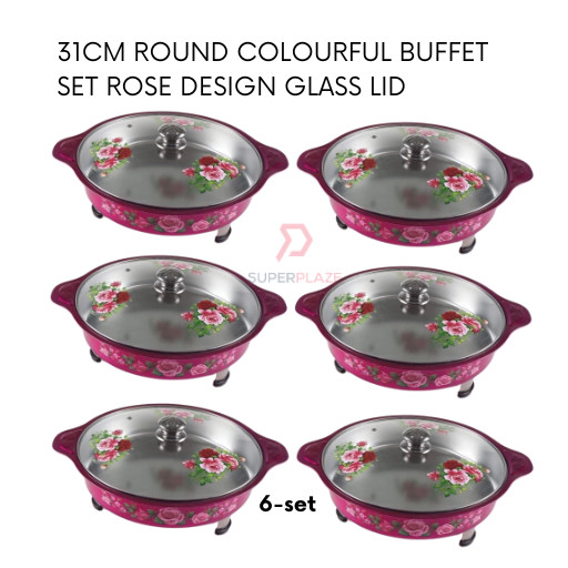 Rose Red 6 Sets 31cm Round Colorful Buffet Set Rose Design Glass Lid Food Pan Chafing Dish Tray