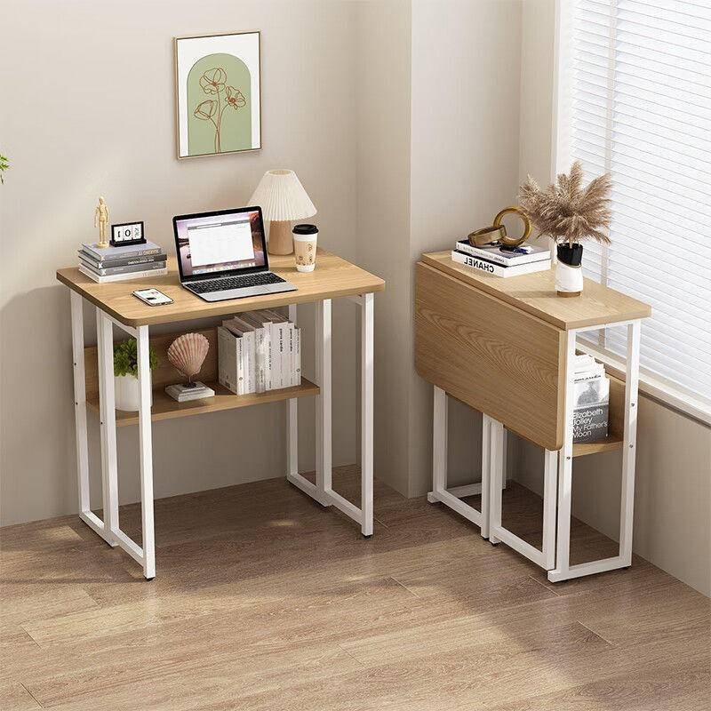 Folding computer desk with bookshelf integrated table, dormitory learning small table