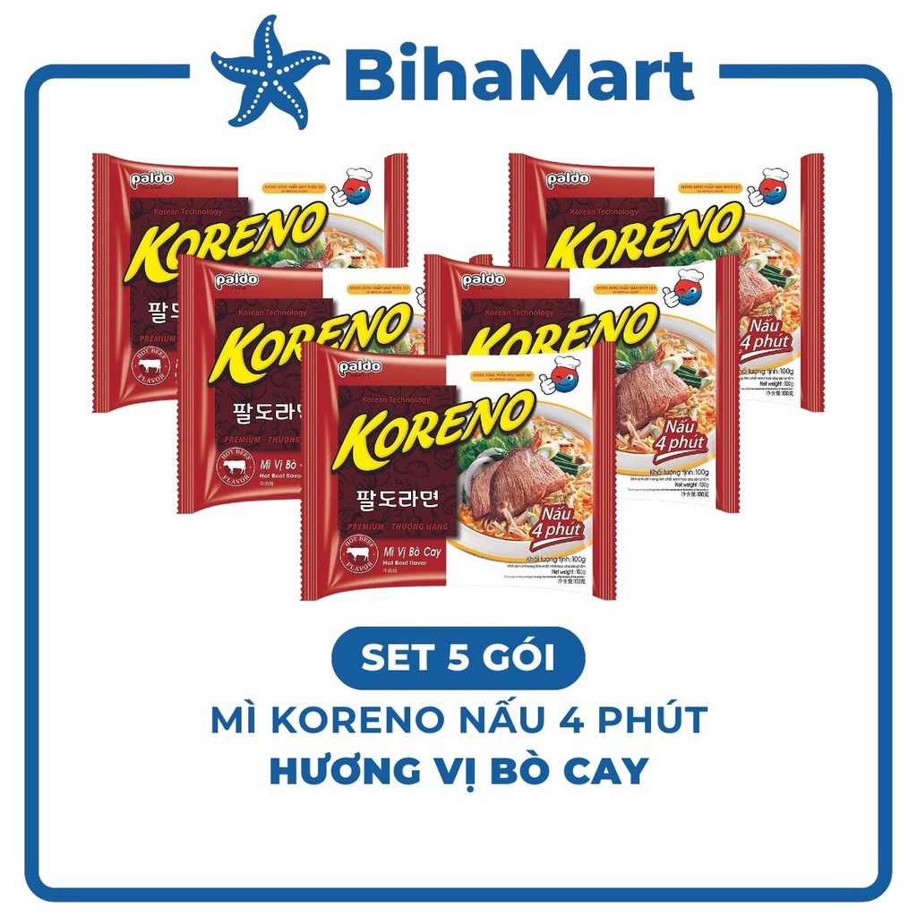 [SET Of 5 PACK] - PALDO - Koreno Noodles with Spicy Beef flavor, Korean Spicy Beef Koreno Noodles, Instant Korean Koreno Spicy Beef Noodles (100g/pack)