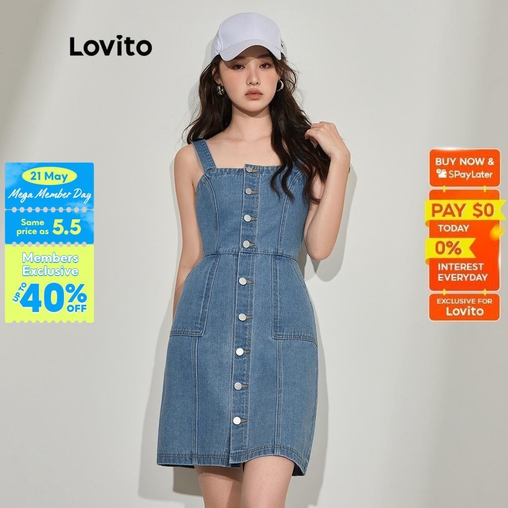 Lovito Casual Plain Pocket Button Square Neck Women Denim Dress L45AD066(Blue) Lovito Kasual Gaun Denim Wanita Leher Persegi Kancing Saku Polos L45AD066 (Biru)