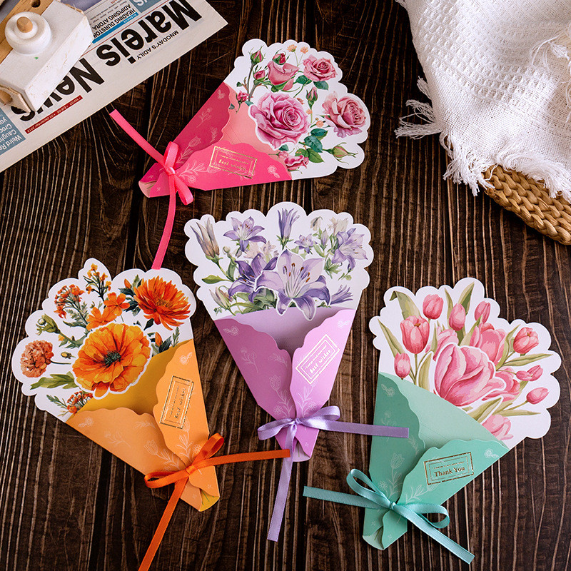Gilt Floral Bouquet 3D Postcard with Ribbon DIY Greeting Card Love Letter Writing Gift Card for Women Girls Wedding Party Invitations Cards Handwritten Postcard Birthday Gift