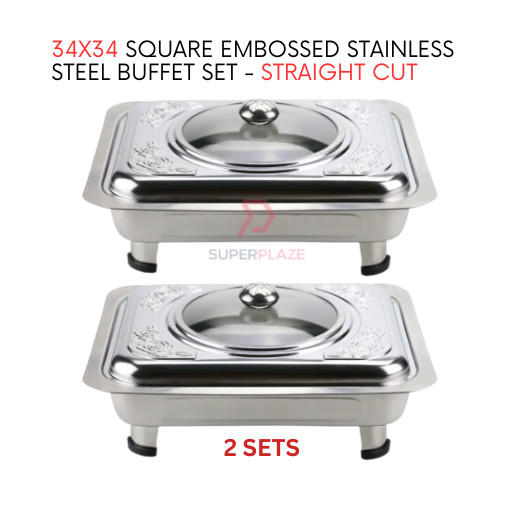 2 Sets 34x34 Square Embossed Stainless Steel Buffet Set Catering Serving Tray Food Pan Warmer