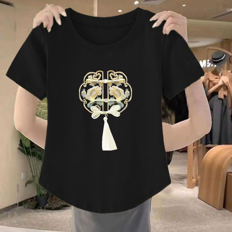 新中式  国风新款 2024夏季 印花短袖 T恤女  New Chinese style national style 2024 summer printed short sleeved T-shirt for women修身圆领不规则上衣女新中式国风新款2024夏季印花短袖T恤女修身圆领不规则上衣女 2024.4.10