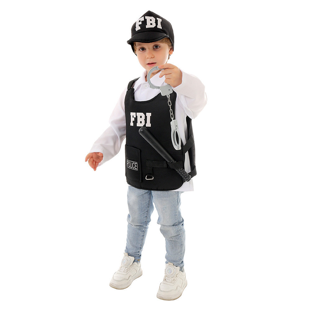 Kids FBI Police Cosplay Bulletproof Vest Hat Baton Handcuffs Fancy Dress Outfits