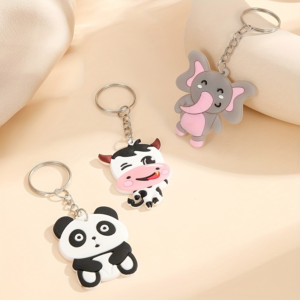 Cute Cartoon Panda Animal Keychain PVC Soft Rubber Cow Elephant Keyring for Women Men Car Handbag Backpack Phone Pendant Gifts