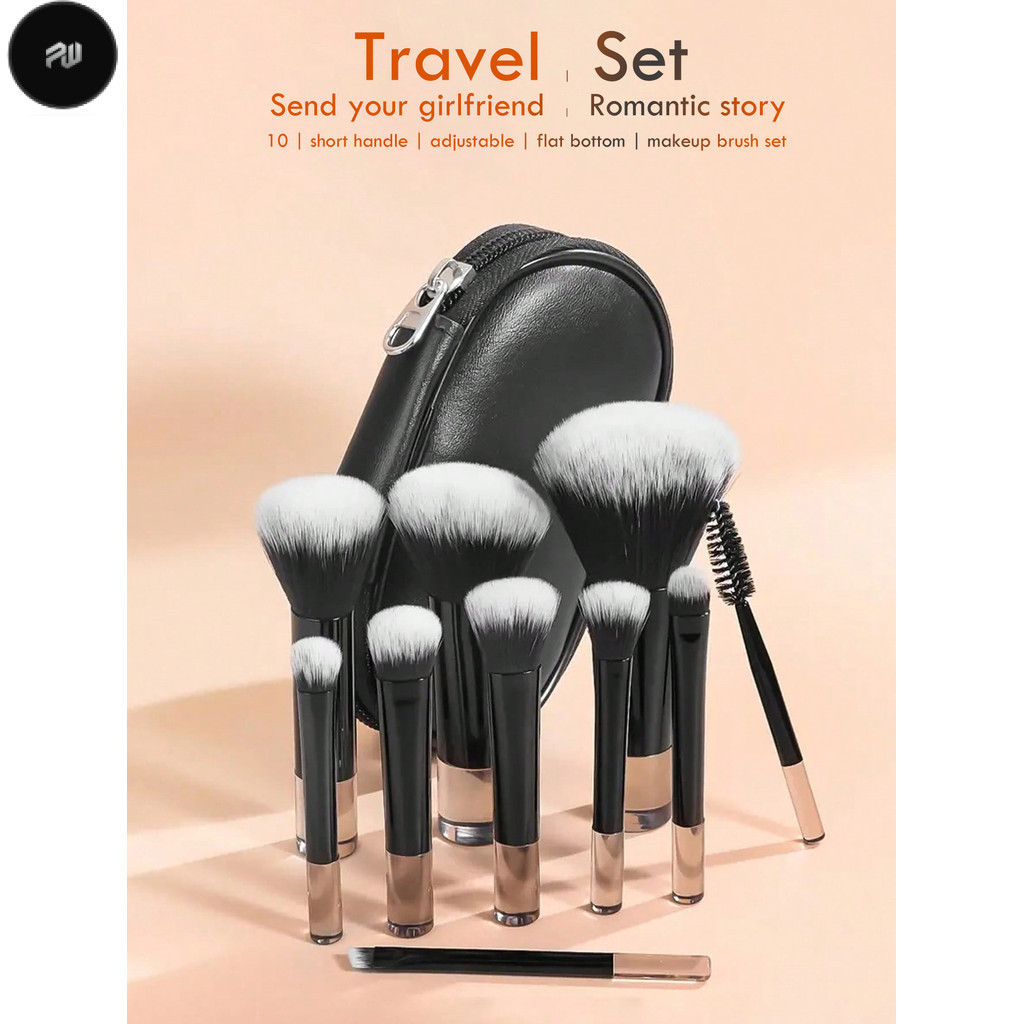 PW 10 Black Color Short Handle Portable Makeup Brush Set with Storage Bag Include Blush Brush Loose Powder Brush