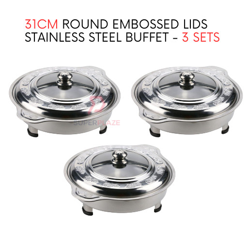 3 Sets 31cm Round Embossed Lids Stainless Steel Buffet Set Catering Serving Tray Food Pan