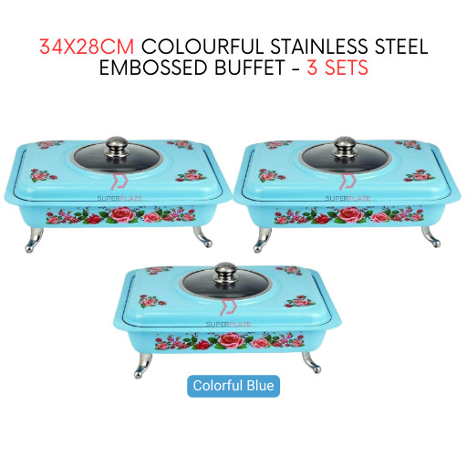 3 Sets Blue Straight 34x28cm Colorful Stainless Steel Embossed Buffet Food Pan Catering Food Serving Tray