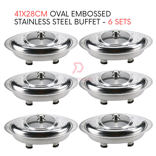 6 Sets 41x28cm Oval Cut Embossed Stainless Steel Buffet Set Catering Serving Tray Food Pan Warmer