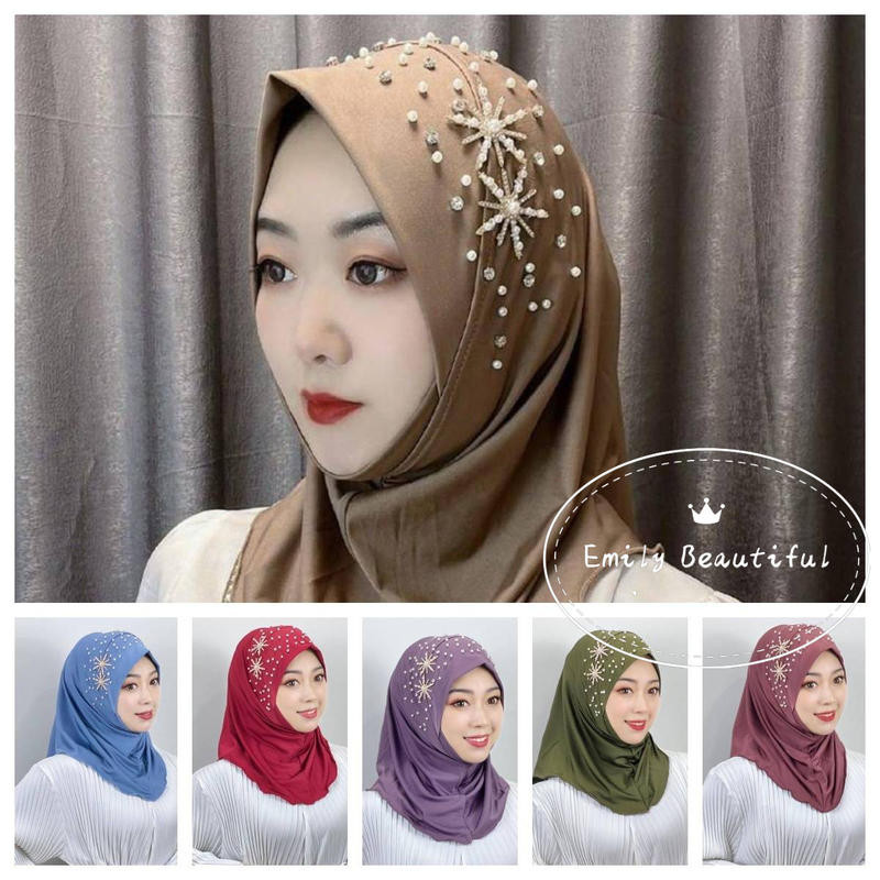 Muslim headscarf beauta tudung2024 new crystal linen small brim bag chin cover headscarf Hui ethnic gauze scarf Western style scarf handcrafted bead three-dimensional