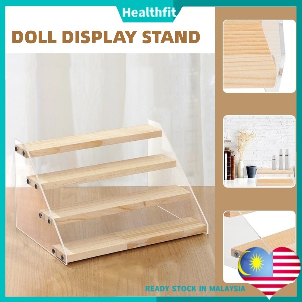 【Malaysia Stock】4/5 Tier Wooden Acrylic Display Stand Toy Cosmetics Showcase Anime Handicraft Car Model Transparent Ladder Shelf