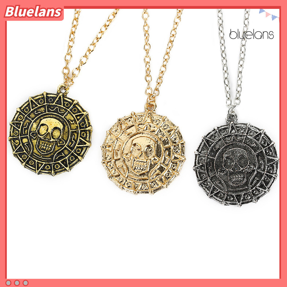 [BLU] Creative Round Caribbean Pirate Skull Pendant Necklace Men Street Jewelry Gift