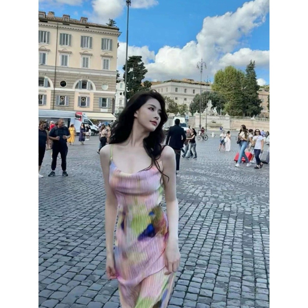 [3162 People Collection] Foreign Trade Beach Dress Summer Beautiful Seaside Wear Malaysia Vacation Tie-Dye Sling Dress Female Temperament Narrow Waist [3162 People Collection] Foreign Trade Beach Dress Summer Beautiful Seaside Wear Malaysia Vacation Tie-D