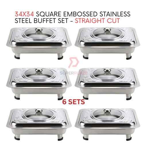 6 Sets 34x34 Square Embossed Stainless Steel Buffet Set Catering Serving Tray Food Pan Warmer