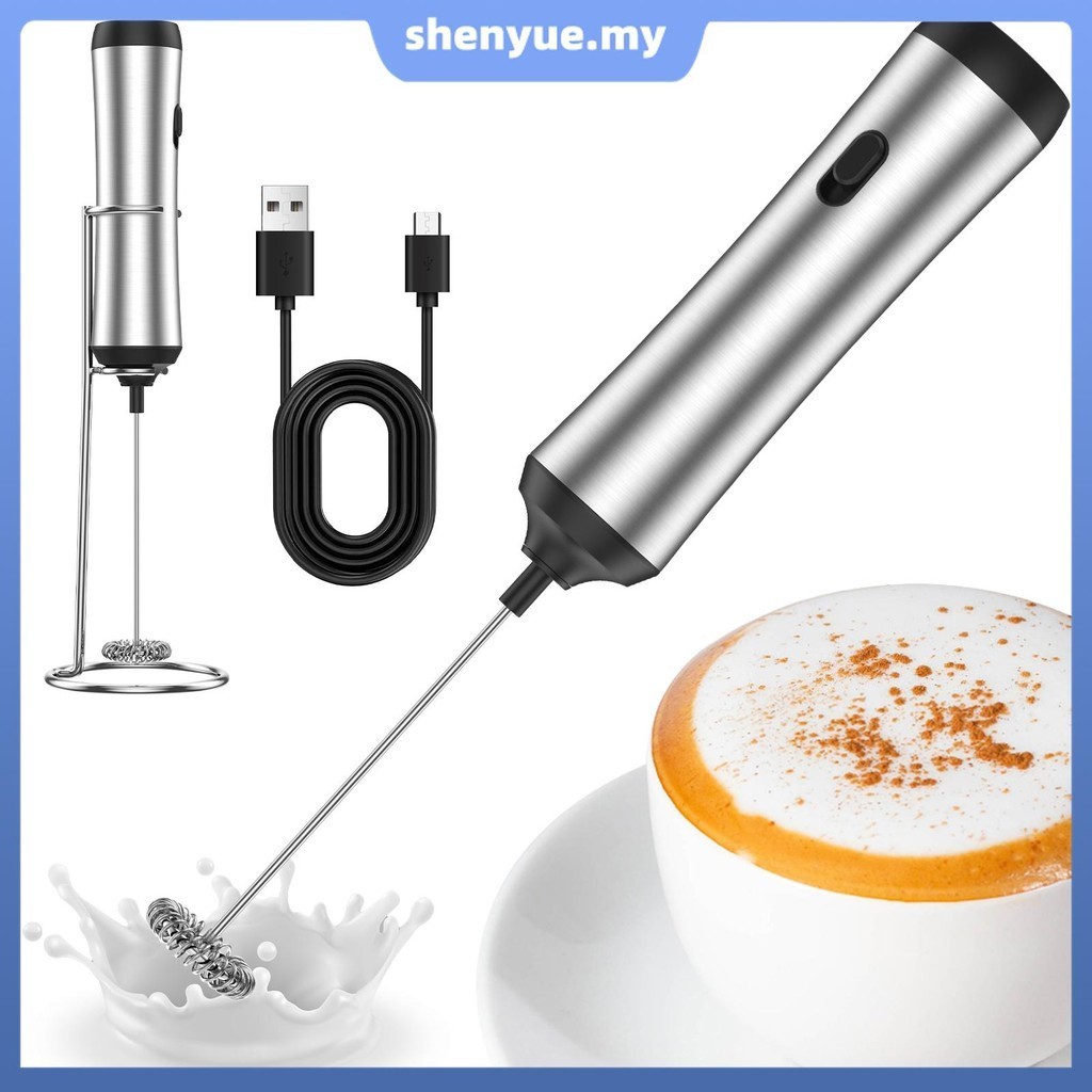 Handheld Milk Frother with Stainless Steel Stand USB Rechargeable Milk Foam Maker Electric Foam Blender Powerful Whisk Drink Mixer SHOPSBC8166