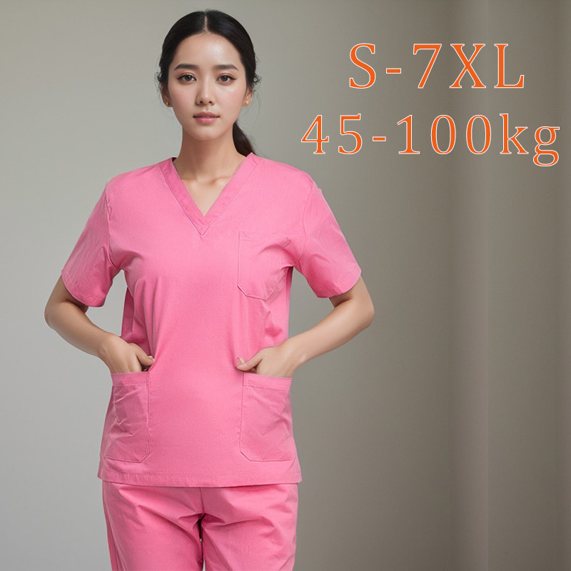 Free Name【Shirt + Pants】4XL-7XL Scrub Suit for Women Short Sleeve Full Set Nurse Set Hospital Uniform Surgical Clothes Cotton---*