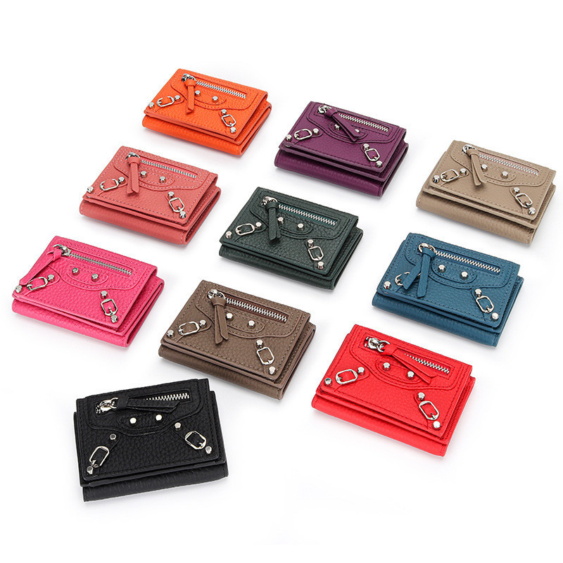 Royal Bagger Women Short Wallets Genuine Cow Leather Motorcycle Fashion Short Wallet Trifold Purse with Cool Rivet Decor 6911