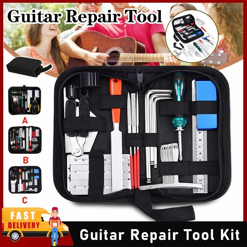 Guitar Maintenance Repair Tool Kit Includes Cleaning Tool Kit Guitar Strings Picks Bridge Pins Gauge String Manager String Action Ruler Gauge Measuring Tool Hex Wrench Set