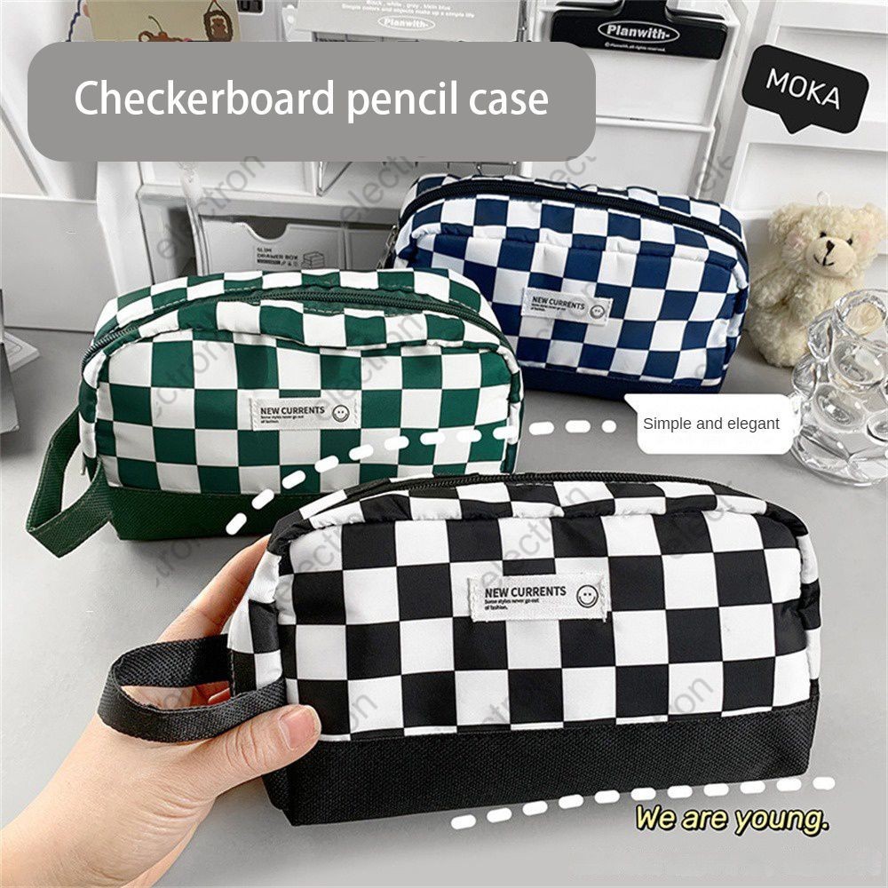 Checkerboard Grid Pen Bag,large Capacity Pencil Case,portable Student Pencil Box,simple Stationery Storage Bag Pen Bag,canvas Estuche Multifuncional Stationery Election