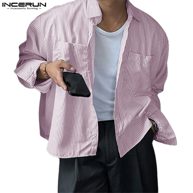 INCERUN Men Korean Handsome Lapel Full Sleeve Stripe Leisure Loose Shirts