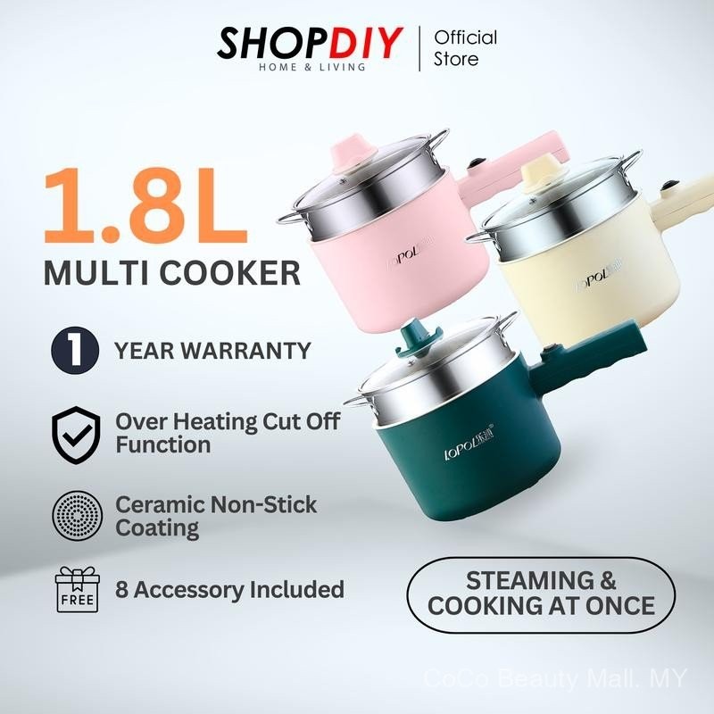 SHOPDIY【 FREE GIFT】1.8L Ceramic Coating Periuk Mini Elektrik Lopol Multi Cooker Periuk Nasi Elektrik Viral non stick with steamer mini rice cooker small periuk nasi elektrik cooker non stick Stainless Steel Electric Pink Heater