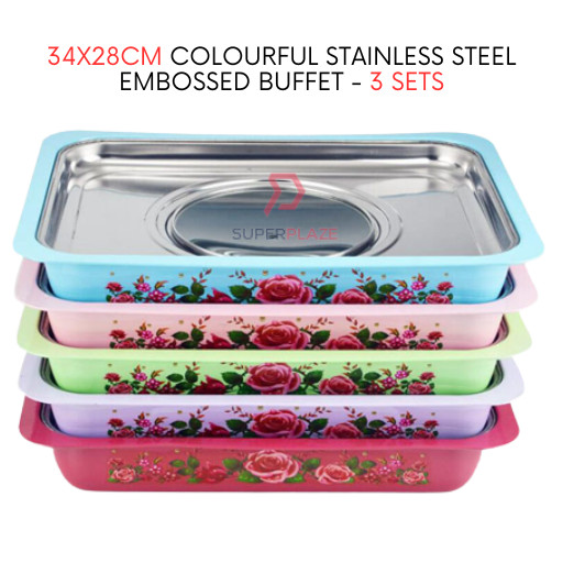 3 Sets Mix Color Straight 34x28cm Colorful Stainless Steel Embossed Buffet Food Pan Catering Food Serving Tray