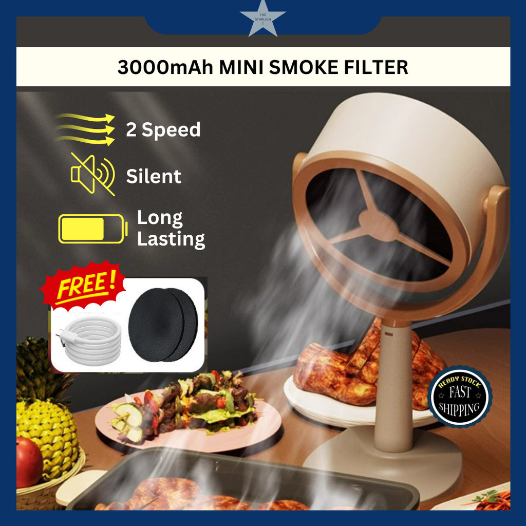 3000mAh Desktop Range Hood Mini Portable Smoke Filter Fan Kipas Angin Kuat Kipas Minyak Dapur Barbeque Carbon Filter