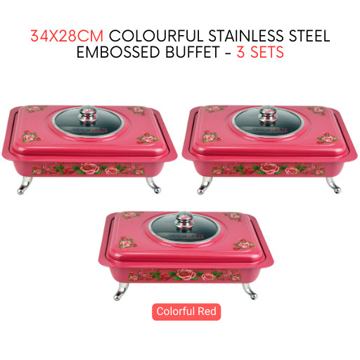 3 Sets Red Straight 34x28cm Colorful Stainless Steel Embossed Buffet Food Pan Catering Food Serving Tray