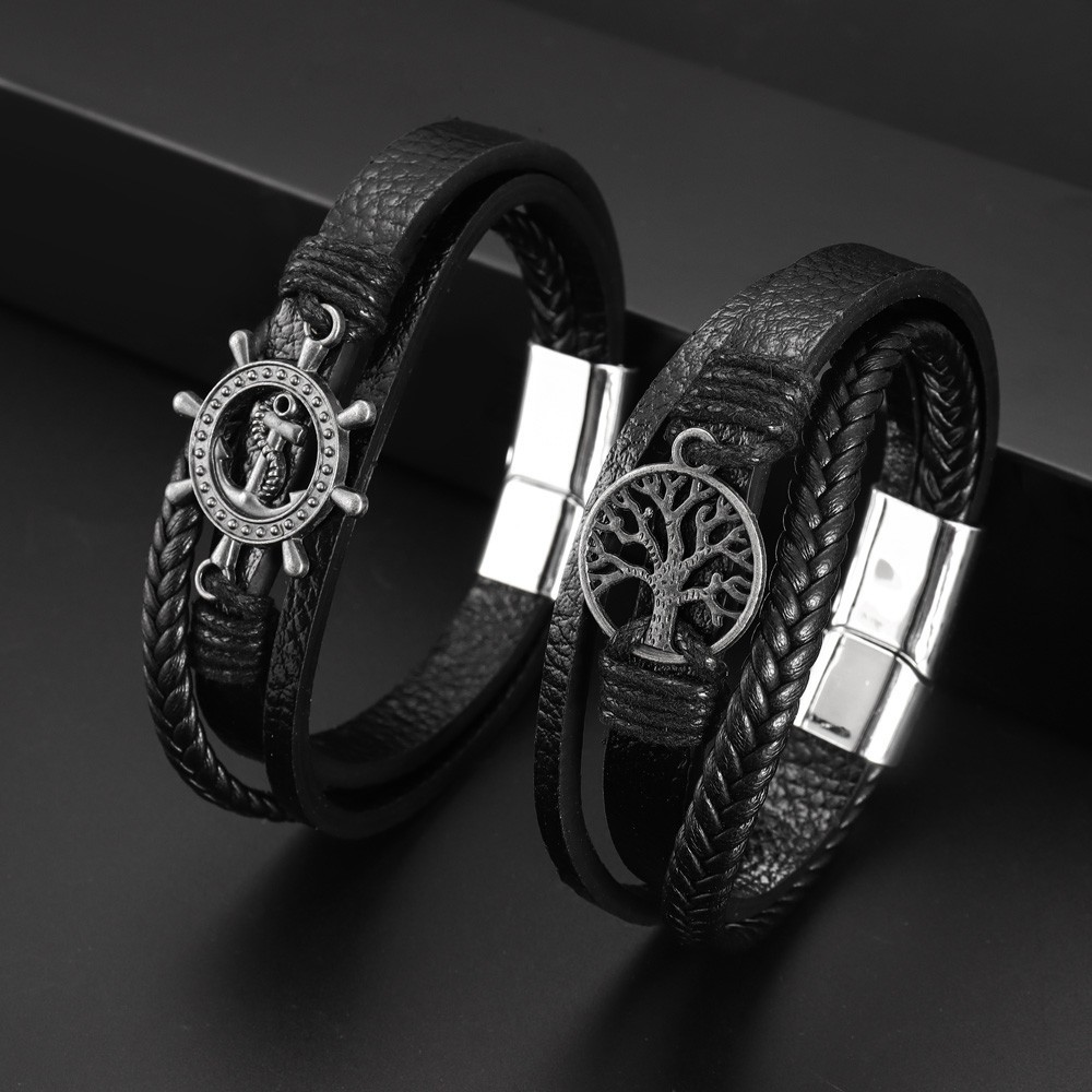 Vintage Fashion Men's Multi Layered Tree of Life Boat Anchor Leather Black Stainless Steel Magnetic Buckle Bracelet Jewelry Accessories