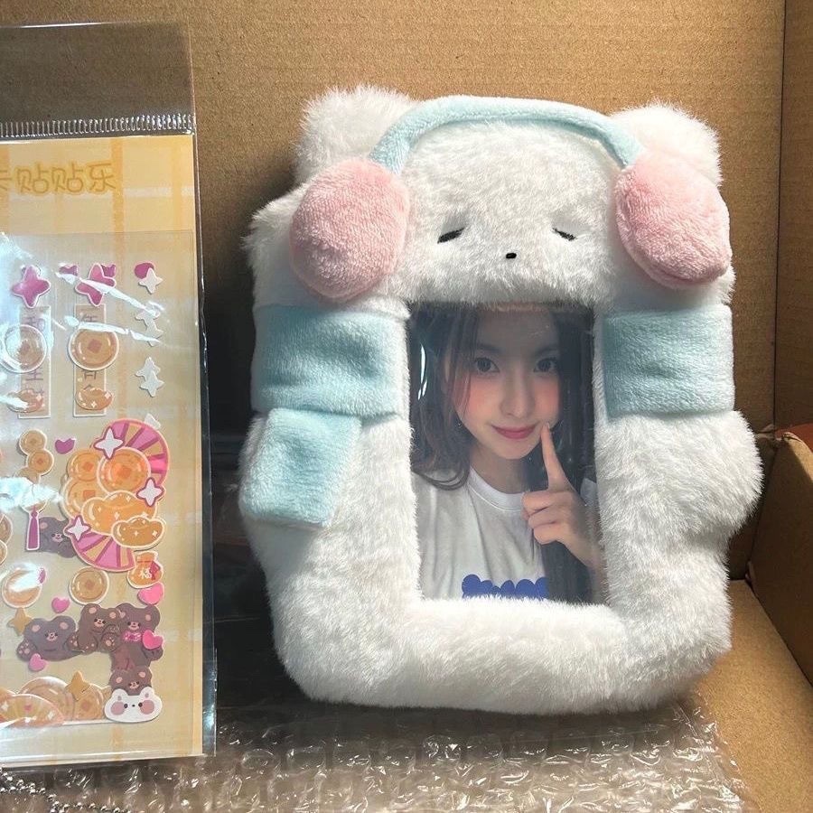 INS 3 Inch Cute Cartoon Soft Plush Card Set Headphone Cat Decoration Kpop Idol Card Holder Instagram Campus Card Photo Display