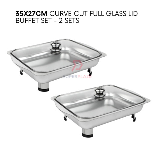 2 Sets 35x27cm Full Glass Lid Stainless Steel Buffet Set Catering Serving Tray Food Pan