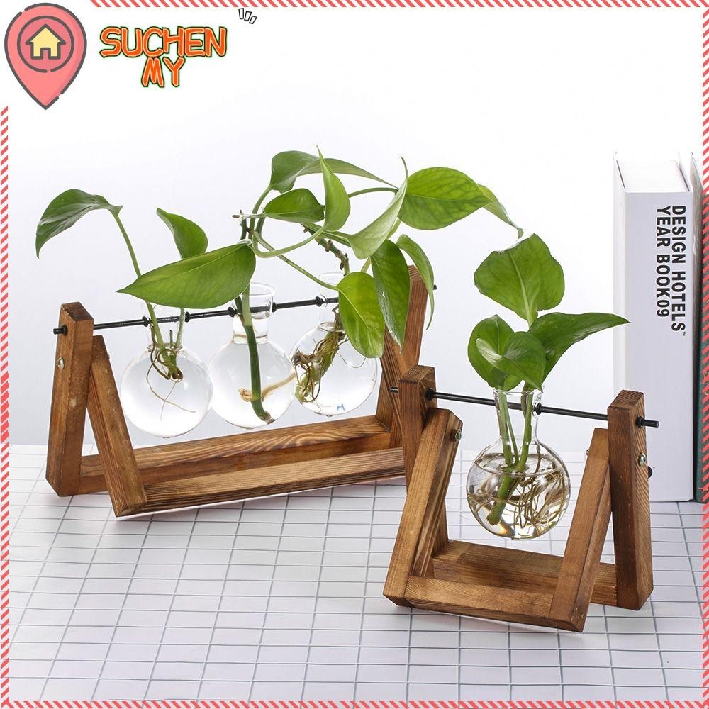 SUCHEN Home Decor Glass Vase Planter Flower Pot Hydroponic Plant Vases Bonsai Terrarium Tabletop Vintage Decoration Wooden Frame