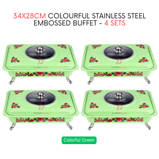 4 Sets Green Straight 34x28cm Colorful Stainless Steel Embossed Buffet Food Pan Catering Food Serving Tray