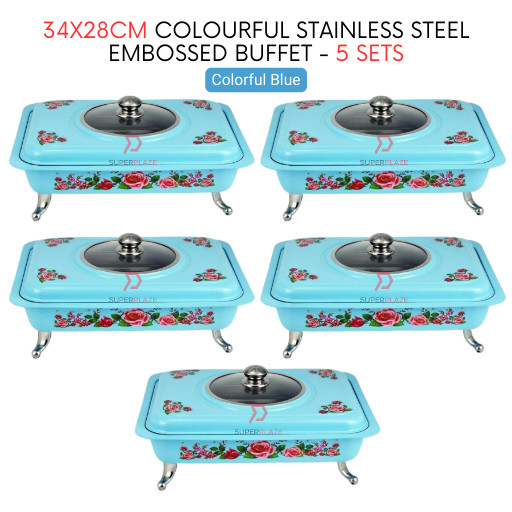 5 Sets Blue Straight 34x28cm Colorful Stainless Steel Embossed Buffet Food Pan Catering Food Serving Tray