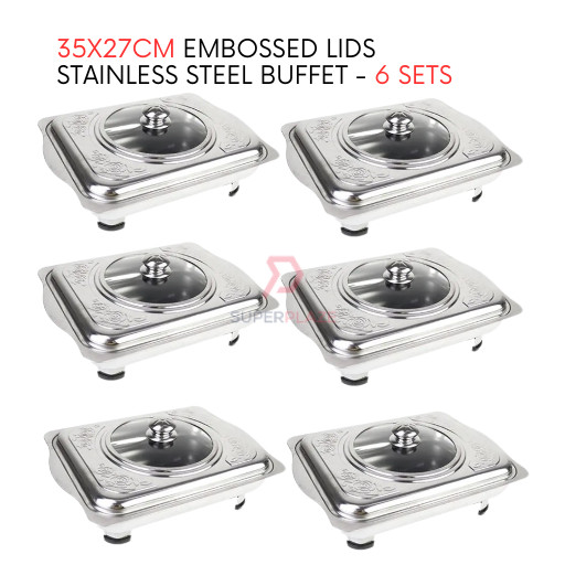 6 Sets 35x27cm Curve Cut Embossed Lids Stainless Steel Buffet Set Catering Serving Tray Food Pan