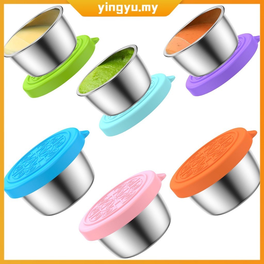 6 Pcs Salad Dressing Containers 1.5oz Mini Stainless Steel Food Storage Container Small Condiment Containers Include Silicone Lids Dishwasher Safe Dipping Sauce Cups SHOPCYC6684