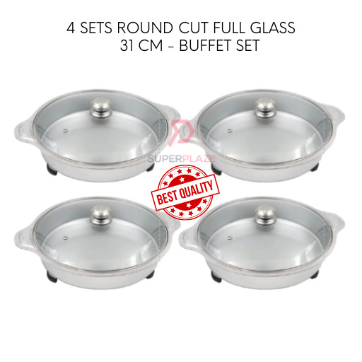 4 Sets 31cm Full Glass Lids Stainless Steel Buffet Set Catering Serving Tray Food Pan