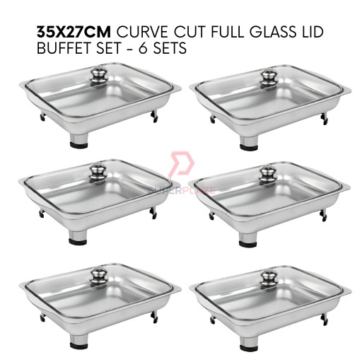 6 Sets 35x27cm Full Glass Lid Stainless Steel Buffet Set Catering Serving Tray Food Pan