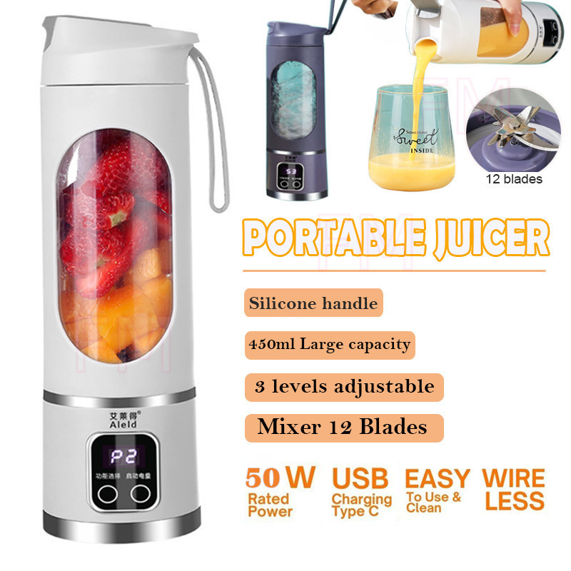 450ml Portable Rechargeable Mini Juicer Juice Extractor USB Electric Blender Mixing Cup Bottle Pengisar Jus Elektrik (3 Levels Adjustable) Digital Display Juicer 电动榨汁机