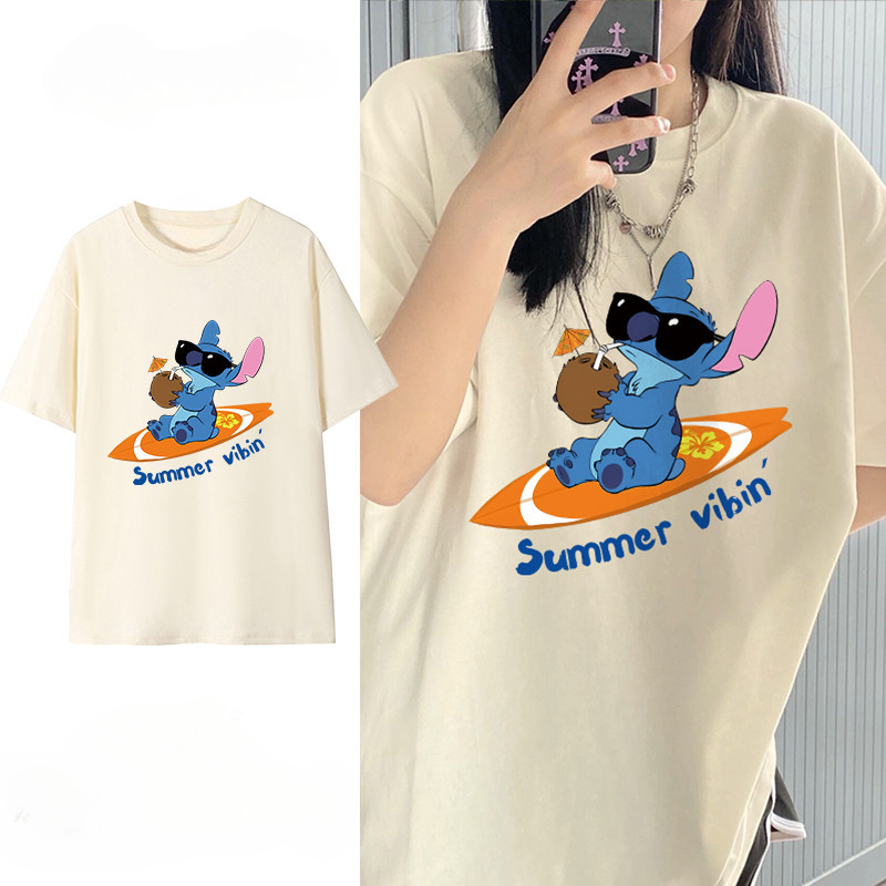 （✨24Hour shipping✨）Maise 100%  Cotton  Woman Baju t shirt Oversize Casual Women's Loose Short Sleeved STITCH Printed