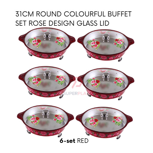 Red 6 Sets 31cm Round Colorful Buffet Set Rose Design Glass Lid Food Pan Chafing Dish Tray