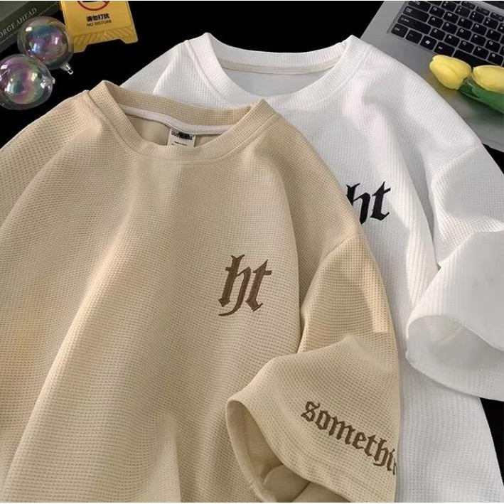 【Waffle material】American style Trendy HT Letter pattern Print Unisex short sleeved T-shirt for Men's Summer 2024 New clothing trendy brand waffle half sleeved T-shirt