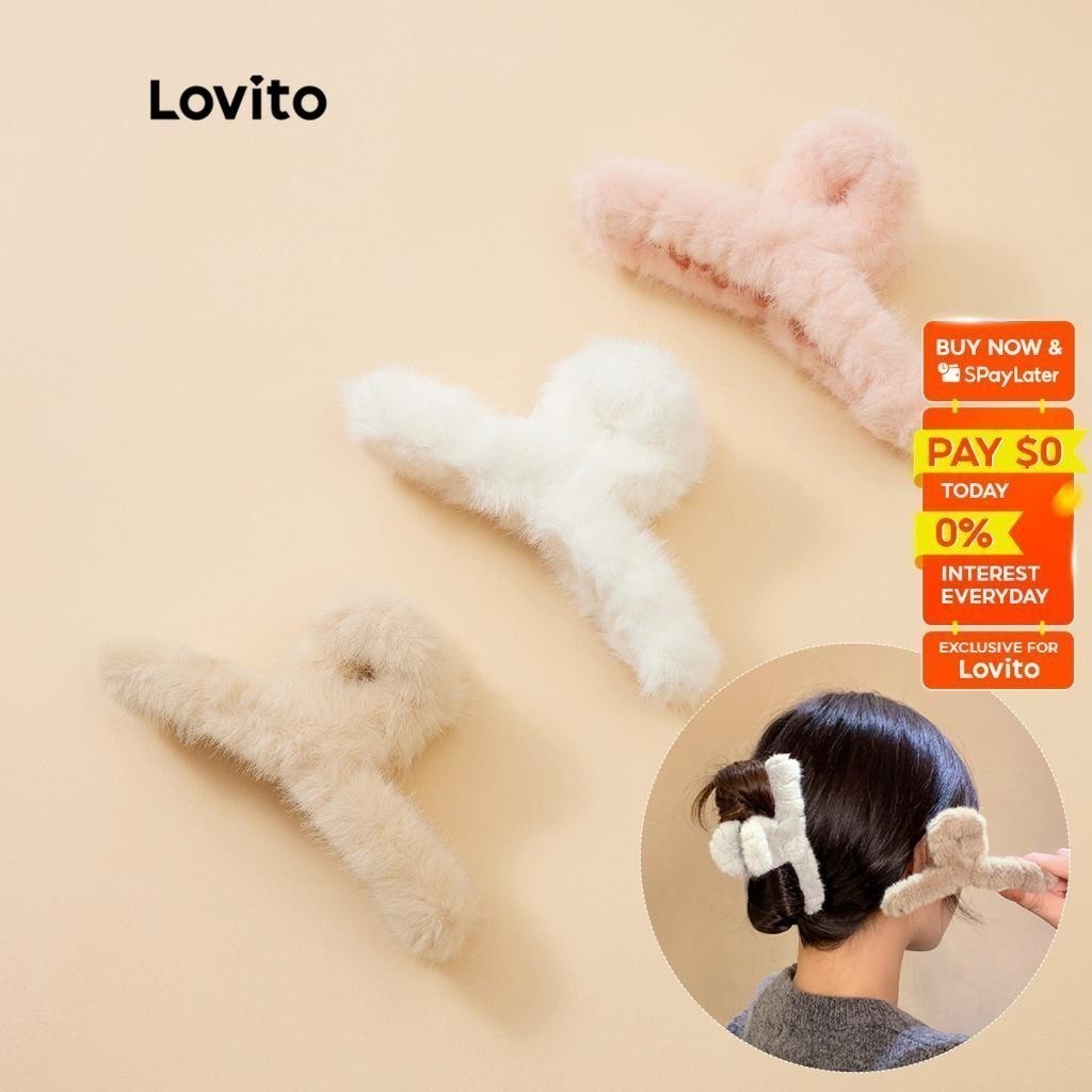 Lovito Casual Plain Plastic Faux Fur Straight Shape Hair Clips L233L267 (Khaki/Pink/White) Lovito Jepit Rambut Bulu Imitasi Plastik Polos Kasual Bentuk Lurus L233L267 (Khaki/Pink/Putih)