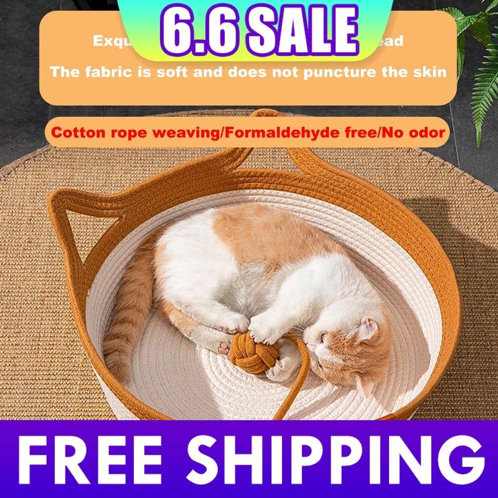 Fast Delivery 2024 NEW Handwoven Cotton Rope Cat Bed Cat Hammock Foldable Sleeping Nest Basket Handmade Natural Cradle Scratcher Cuddler for Kitten Cute Style with a Playing