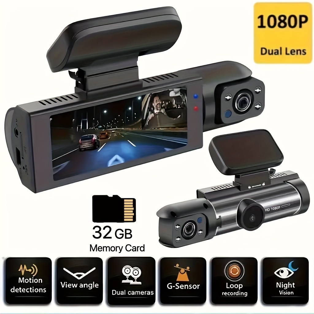 1080P Dual-Camera Car DVR with 3.16" IPS Screen - Front & Interior View Loop Recording Wide Angle