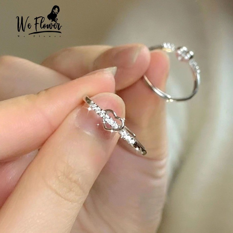 We Flower Korean s925 Silver Shining Spots Heart Ring for Women Girls Engagement Party Open Ring Finger Cuff Jewelry