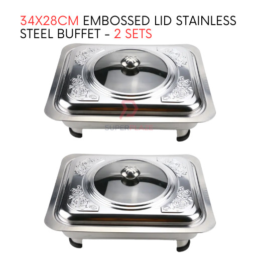 2 Sets 34x28cm Straight Cut Embossed Lid Stainless Steel Buffet Set Catering Serving Tray Food Pan