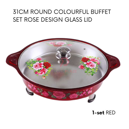 Red 1 Set 31cm Round Colorful Buffet Set Rose Design Glass Lid Food Pan Chafing Dish Tray