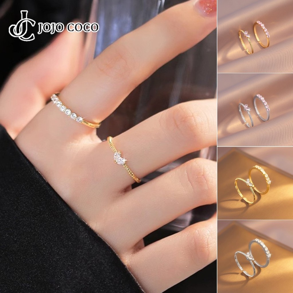 JOJO COCO 2Pcs/set Zircon Heart Ring Set Elegant Gold Silver Opening Adjustable Rings for Women Jewelry Accessories