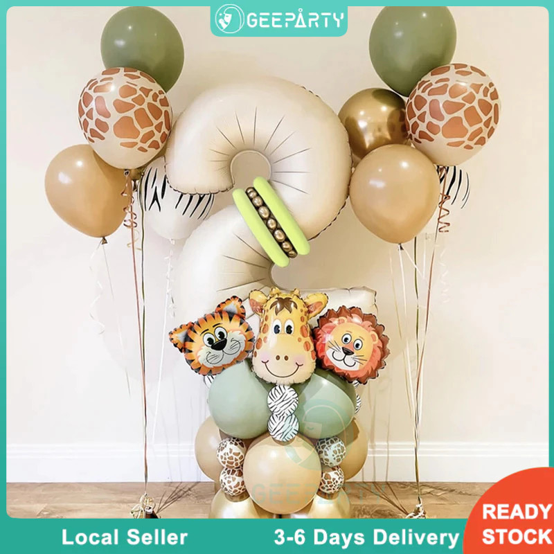 GeeParty 40pcs Safari Animal Number Balloon Set Cream Number Balloon for Birthday Party Decorations